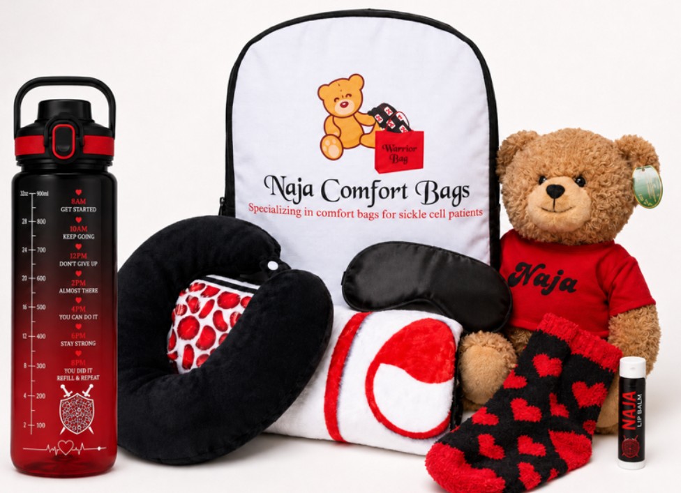 Naja Comfort Bag contents: red backpack, water bottle, cozy blanket, neck pillow, sleep mask, teddy bear, warm socks and lip balm